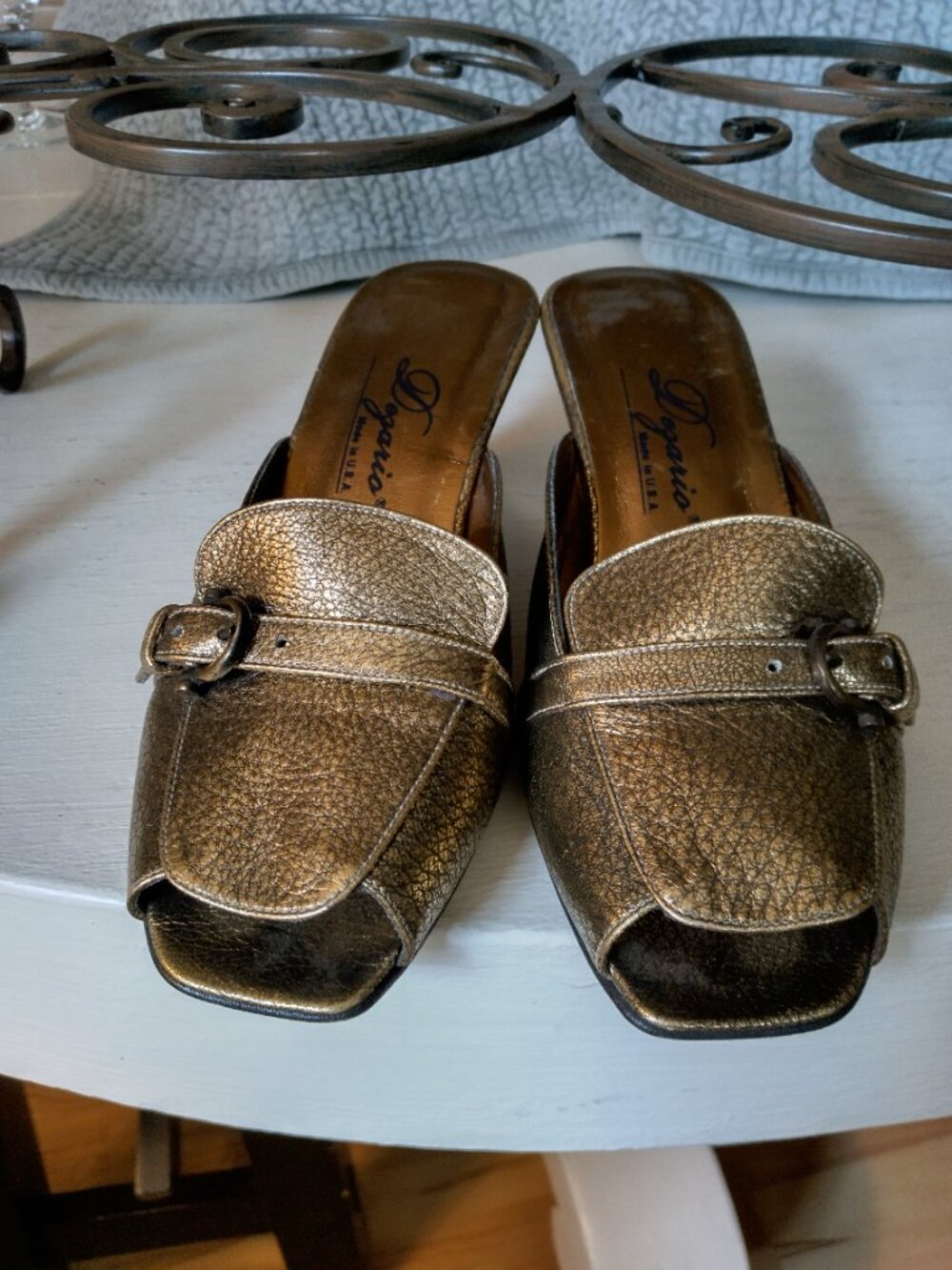 Moccasins, gold leather, slide, 2.5" heel, size 7, great condition, unusual